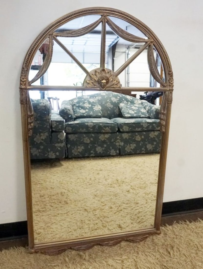 HANGING MIRROR: HANGING MIRROR IN WOOD FRAME WITH SUNBURST DESIGN AT TOP, APPROXIMATELY 27 IN X 46 IN H