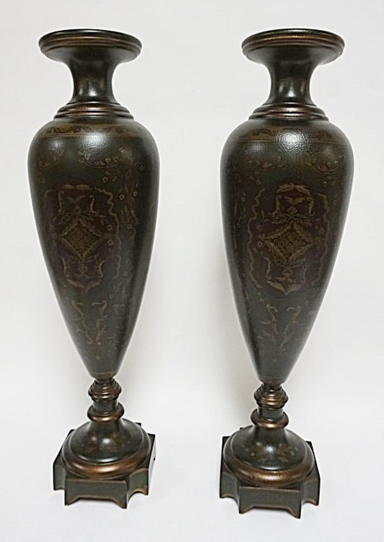 CASTILIAN IMPORTS URNS: PAIR OF CASTILIAN IMPORTS DECORATIVE COMPOSITE URNS, EACH APPROXIMATELY 26 IN H