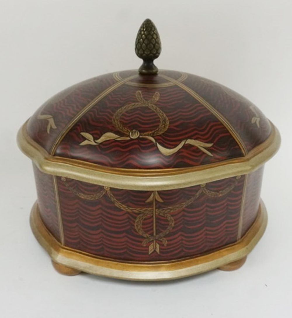CHELSEA HOUSE COVERED BOX: CHELSEA HOUSE DECORATIVE COVERED BOX WITH ACORN FINIAL, APPROXIMATELY 13 IN X 9 IN X 11 IN