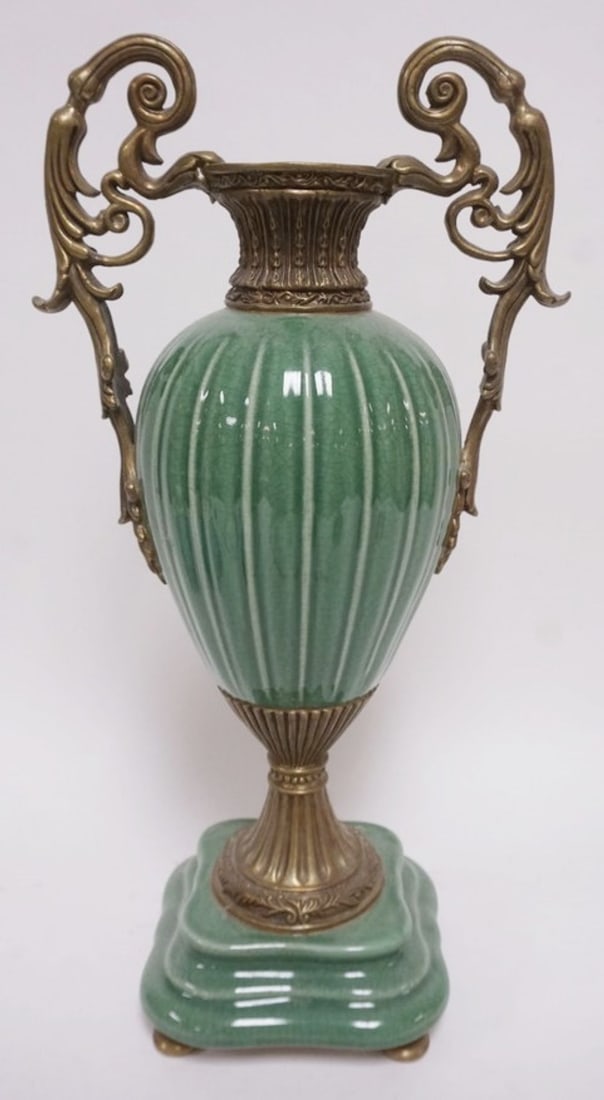 CONTEMPORARY CELADON STYLE URN: CONTEMPORARY CELADON STYLE URN WITH CAST METAL FLAIRED TOP AND DOUBLE HANDLES, APPROXIMATELY 19 IN H