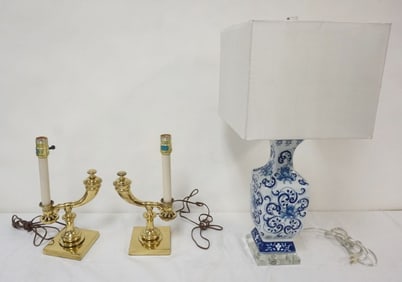 BRASS AND PROCELAIN LAMPS