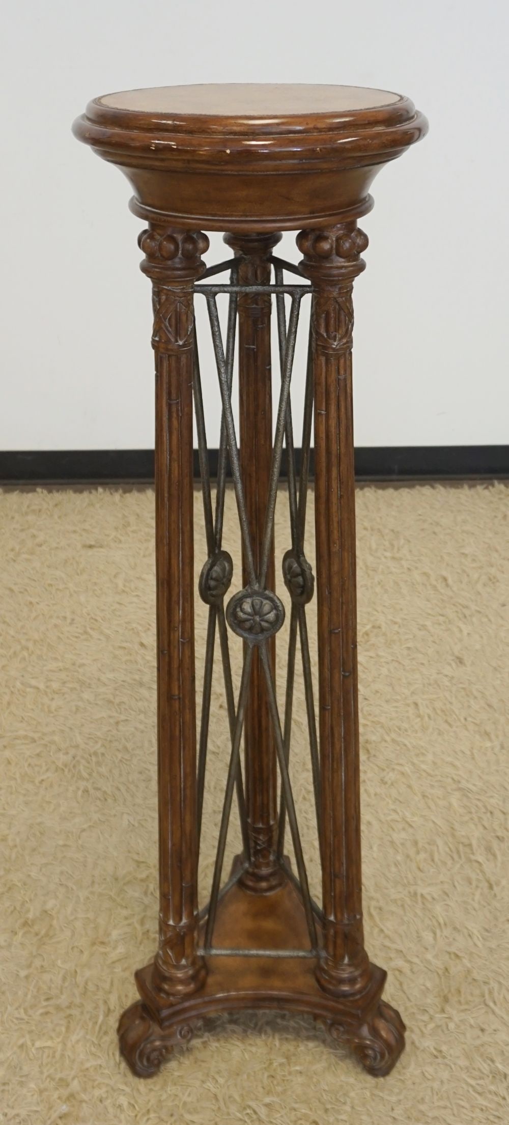 LEATHER TOP WOOD PEDESTAL: WOOD PEDESTAL WITH LEATHER TOP AND REEDED COLUMNS AND METAL CROSS MEMBER CENTER, APPROXIMATELY 16 IN X 14 IN X 49 IN H