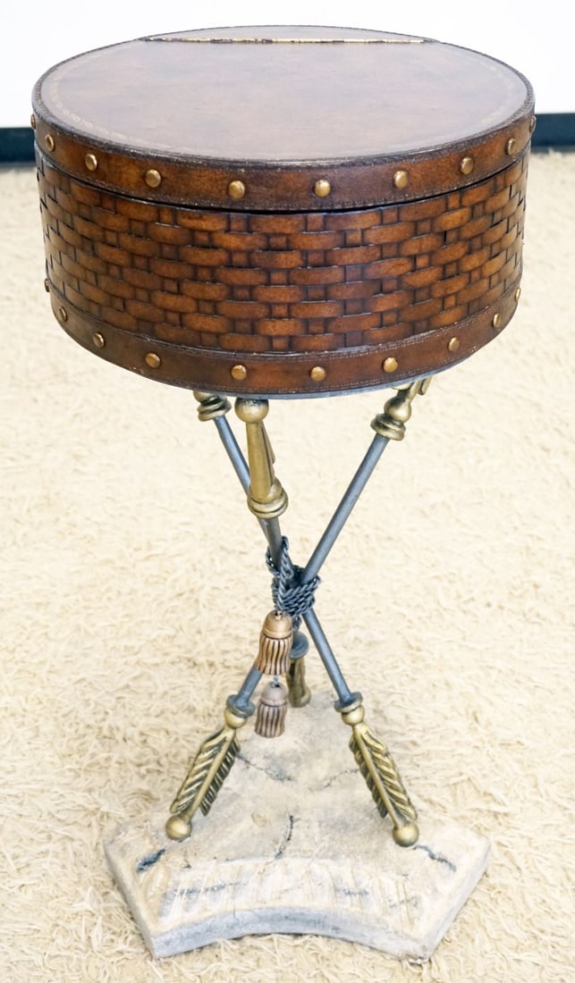 DECORATED LIFT TOP STAND: DECORATED LIFT TOP STAND WITH WOVEN STYLE SIDES, LIFT TOP LEATHER LID. TACK ACCENTS ALL AROUND, MOUNTED ON METAL CROSSED ARROWS AND COMPOSITE BASE, APPROXIMATELY 14 IN X 31 IN H