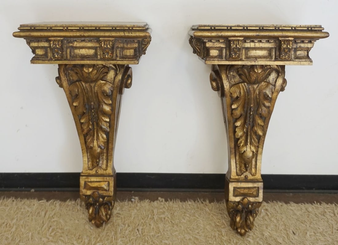 NEO CLASSICAL ARCHITECTUAL HANGING SHELVES: PAIR OF LARGE NEO CLASSICAL ARCHITECTUAL WOOD & COMPOSITE HANGING SHELVES, EACH APPROXIMATELY 19 IN X 16 IN X 35 1/2 IN