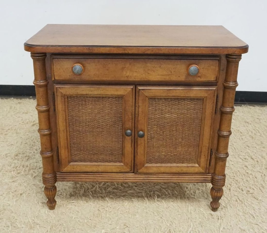LANE FRUITWOOD STAND: LANE 1 DRAWER, 2 DOOR FRUITWOOD STAND WITH WOVEN PANELED DOORS, FAUX BAMBOO TURN COLUMN SIDES, APPROXIMATELY 32 IN X 17 IN X 30 IN H
