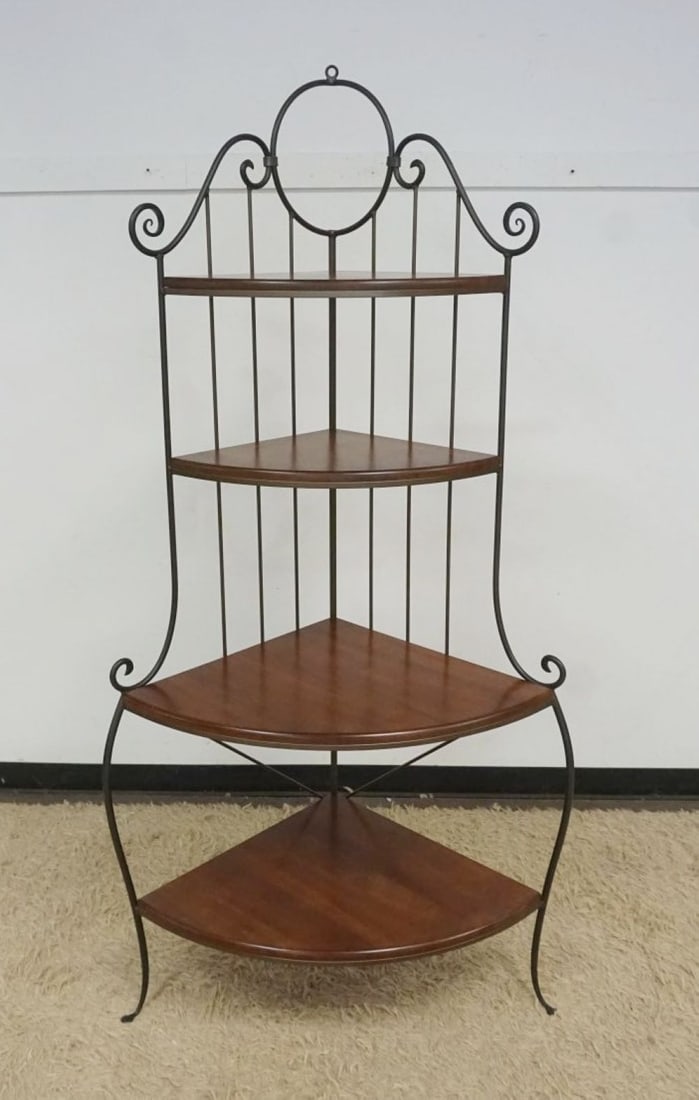 CORNER BAKERS STYLE SHLEF: IRON AND WOOD CORNER BAKERS STYLE SHELF, APPROXIMATELY 38 IN X 24 IN X 79 IN H