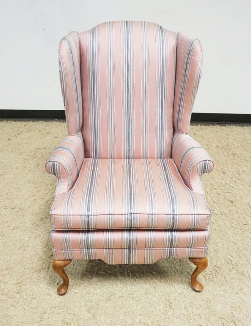 UPHOLSTERED WING BACK CHAIR: UPHOLSTERED WING BACK CHAIR, APPROXIMATELY 27 IN X 28 IN X 43 IN H