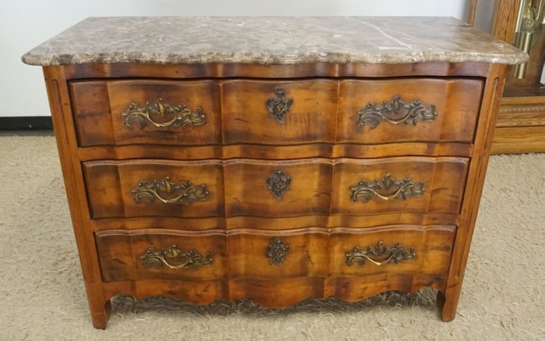 CENTURY MARBLE TOP CHEST: CENTURY 3 DRAWER MARBLE TOP CHEST OF DRAWERS, APPROXIMATELY 48 IN X 20 IN X 34 IN H