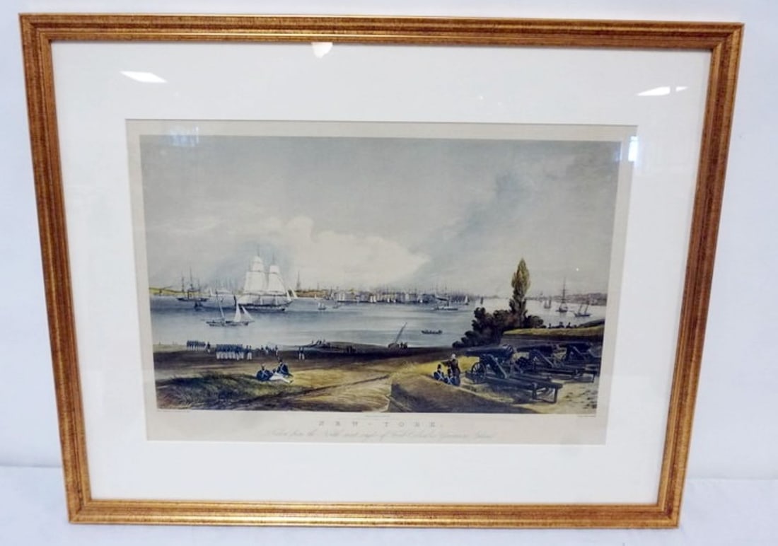 HENRY PAPPRILL ENGRAVING: FRAMED RPINT *NEW YORK* ENGRAVED BY HENRY PAPPRILL *TAKEN FROM THE NORTHWEST ANGLE OF FORT COLOMBUS GOVERNORS ISLAND*, FRAMED AND MATTED, APPROXIMATELY 29 IN X 23 IN OVERALL
