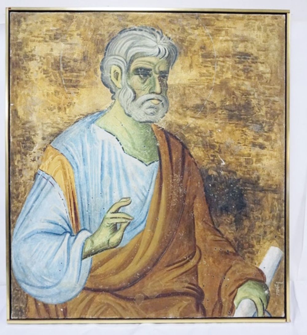 SIGNED PAINTING: PAINTING ON CANVAS, IMAGE OF SAINT PETER, ARTIST SIGNED LOWER RIGHT, APPROXIMATELY 37 IN X 41 IN