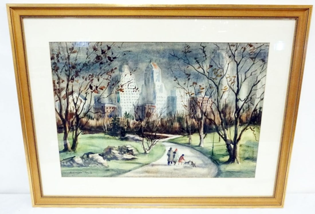 ARTIST SIGNED WATERCOLOR: SIGNED WATERCOLOR, IMAGE OF CITY SCENE, APPROXIMATELY 14 IN X 17 IN OVERALL