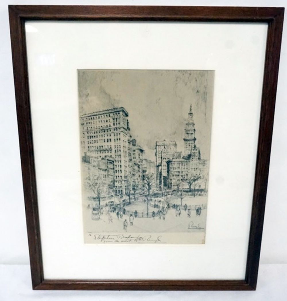 SIGNED DRAWING: ARTIST SIGNED DRAWING INSCRIBED TO STEPHEN BAKER, UNION SQUARE, APPROXIMATELY 14 1/4 IN X 17 1/4 IN OVERALL