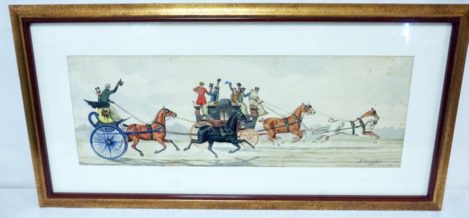 ARTIST SIGNED WATERCOLOR: FRAMED AND MATTED WATERCOLOR OF COACHING SCENE, ARTIST SIGNED LOWER RIGHT, APPROXIMATELY 39 IN X 19 IN OVERALL, SOME FOXING
