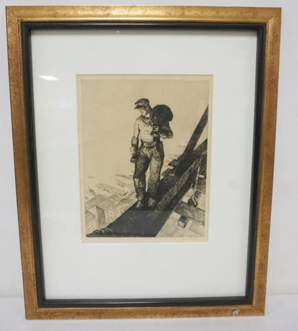 JAMES E ALLEN LITHOGRAPH: JAMES E. ALLEN LITHOGRAPH, FRAMED AND MATTED, SIGNED LOWER RIGHT, APPROXIMATELY 18 IN X 22 IN OVERALL