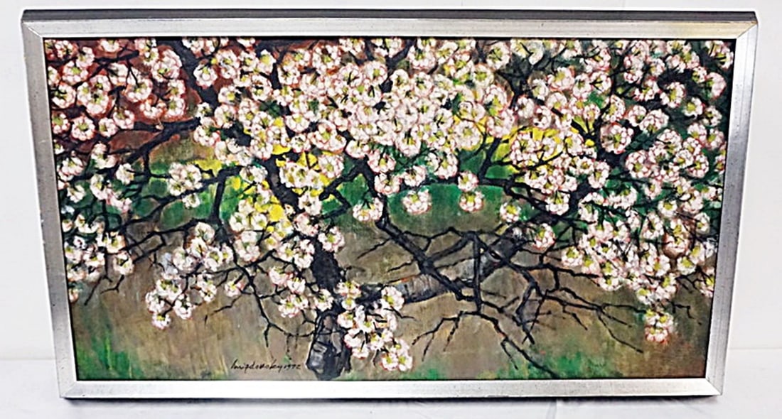 ARITST SIGNED OIL PAINTING: OIL PAINTING ON CANVAS, CHERRY BLOSSOMS, ARTIST SIGNED LOWER LEFT, APPROXIMATELY 19 IN X 32 IN OVERALL