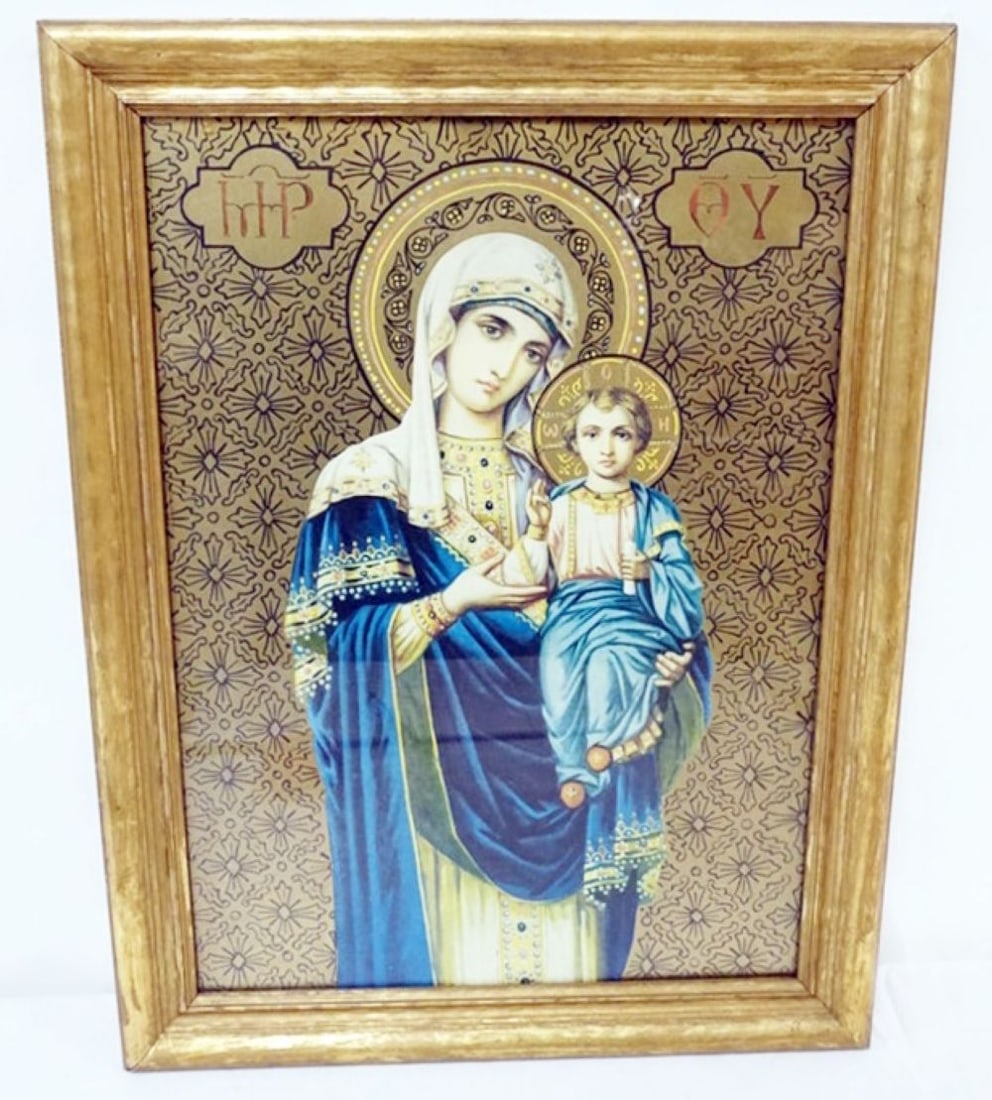 PRINT OF MARY AND BABY JESUS: FRAMED PRINT OF VIRGIN MARY HOLDING BABY JESUS, APPROXIMATELY 14 IN X 19 IN OVERALL