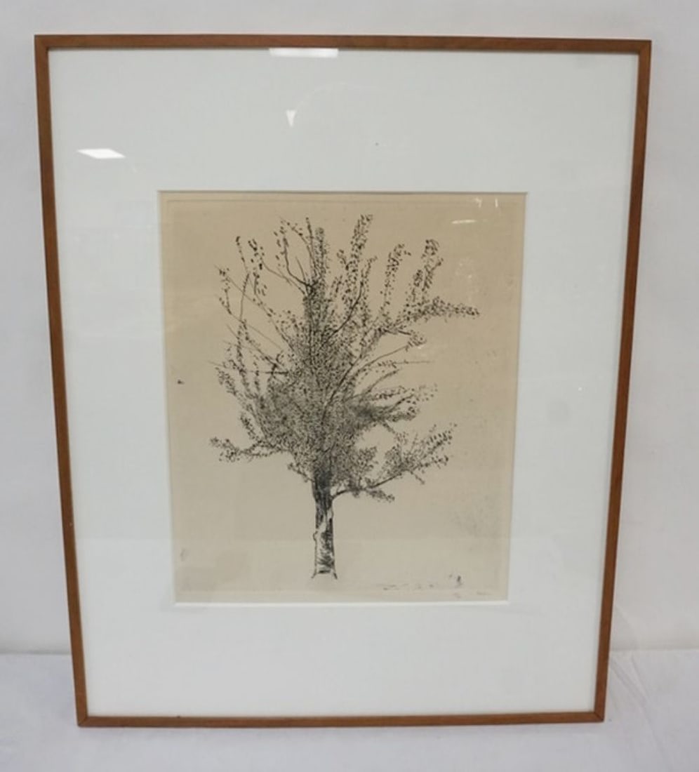 LENARD BASKIN ARTWORK: LENARD BASKING ARTIST SIGNED AND NUMBERED, *TREE IN SPRING*, FRAMED AND MATTED, APPROXIMATELY 25 IN X 32 IN OVERALL, 29/50 1961