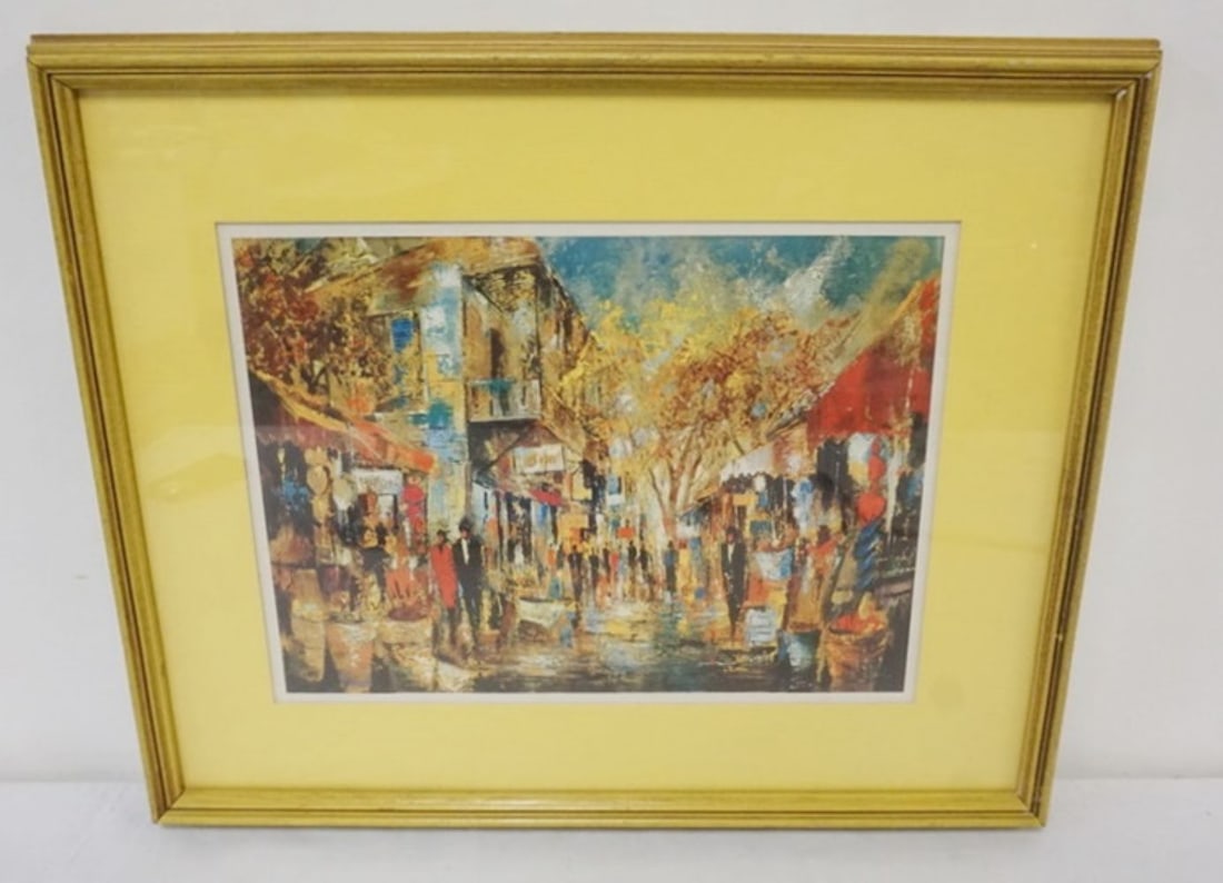 LAY COX SCENES ABSTRACT PRINT: ABSTRACT PRINT, FRAMED AND MATTED IMAGE OF STREET SCENE, MARKED ON BACK LAY COX SCENES, APPROXIMATELY 15 IN X 18 IN OVERALL