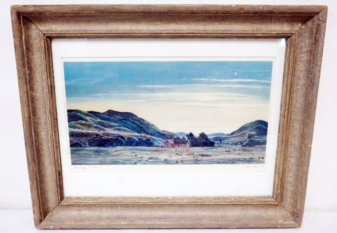 PETER HURD PRINT: PETER HURD, *THE VALLEY IN SUMMER* SIGNED, FRAMED AND MATTED PRINT, PENCIL ANNOTATED ON LOWER EDGE, APPROXIMATELY 19 IN X 23 IN OVERALL