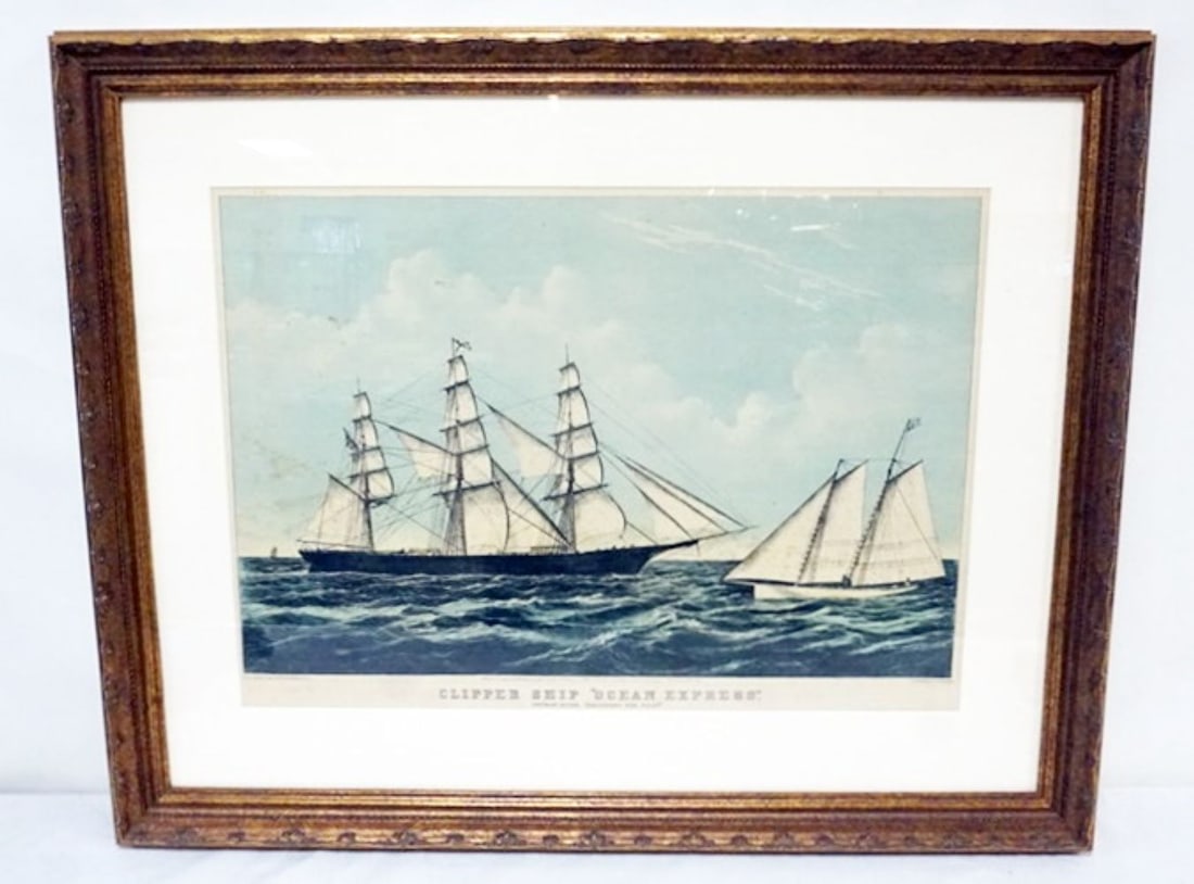 SHIP PRINT: FRAMED AND MATTED PRINT *CLIPPER SHIP OCEAN EXPRESS*, APPROXIMATELY 27 1/5 IN X 35 IN OVERALL