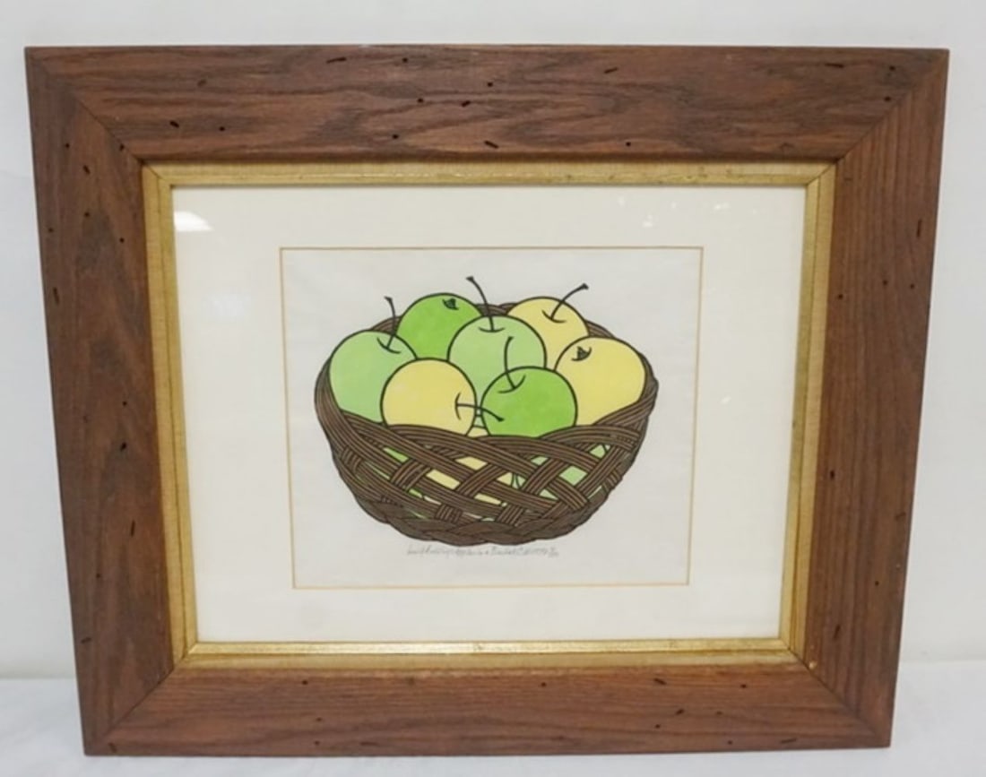 JACQUES HNIZDOVSKY SIGNED AND NUMBERED ART WORK: JACQUES HNIZDOVSKY FRAMED AND MATTED PRINT, *APPLES IN A BASKET* PENCIL SIGNED AND ANNOTATED ON BOTTOM, #31/150, APPROXIMATELY 21 IN X 25 IN OVERALL