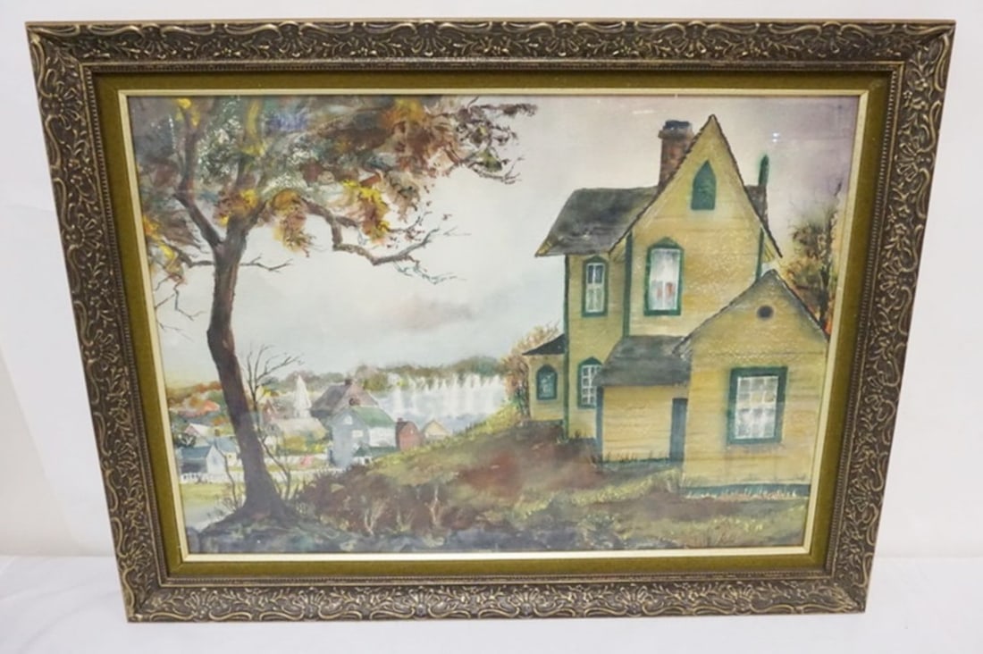WATERCOLOR LANDSCAPE: WATERCOLOR LANDSCAPE OF RURAL VILLAGE, FRAMED UNDER GLASS, APPROXIMATELY 34 IN X 26 IN