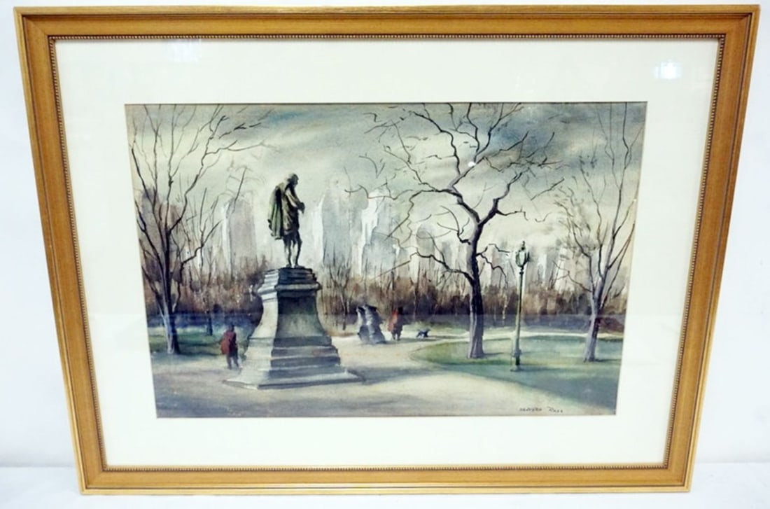 SANDFORD ROSA WATER COLOR: SANDFORD ROSA SIGNED WATERCOLOR, IMAGE OF PARK IN CITY, MATTED UNDER GLASS, APPROXIMATELY 29 IN X 22 IN OVERALL