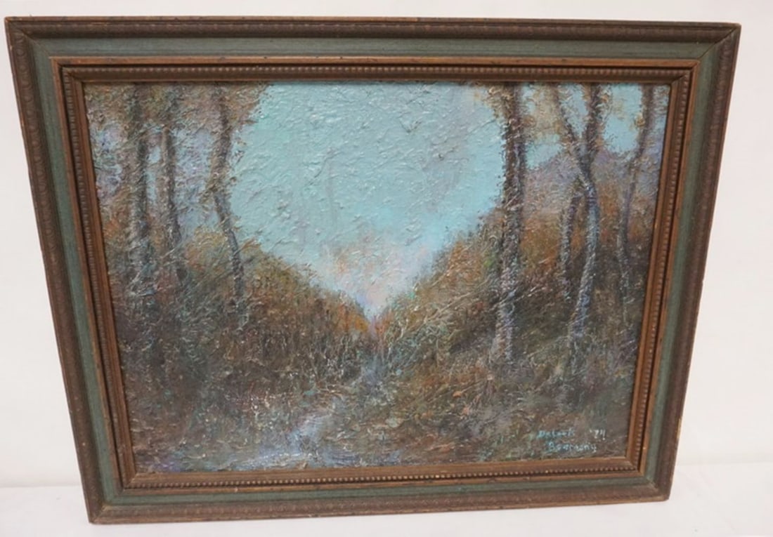 ARTIST SIGNED ABSTRACT OIL PAINTING ON BOARD: ABSTRACT OIL PAINTING ON BOARD, LANDSCAPE, ARTIST SIGNED LOWER RIGHT, APPROXIMATELY 28 IN X 22 IN OVERALL