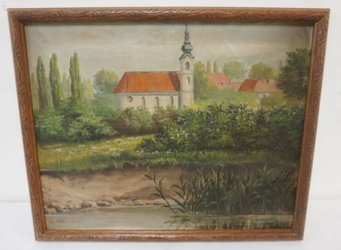ARTIST SIGNED OIL PAINTING: OIL PAINTING ON CANVAS, LANDSCAPE WITH CHURCH AND EXTERIOR BUILDINGS ON WATERS EDGE, ARTIST SIGNED LOWER RIGHT, APPROXIMATELY 22 IN X 18 IN OVERALL