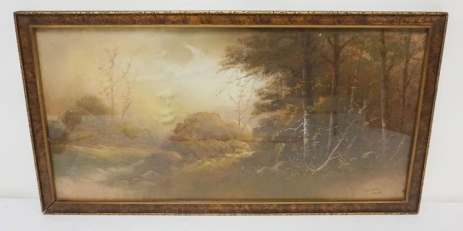 H.G. BROWN PASTEL: PASTEL LANDSCAPE WOODED AREA WITH BIRCH TREES, SIGNED H.G. BROWN 1924, APPROXIMATELY 14 IN X 26 IN OVERALL