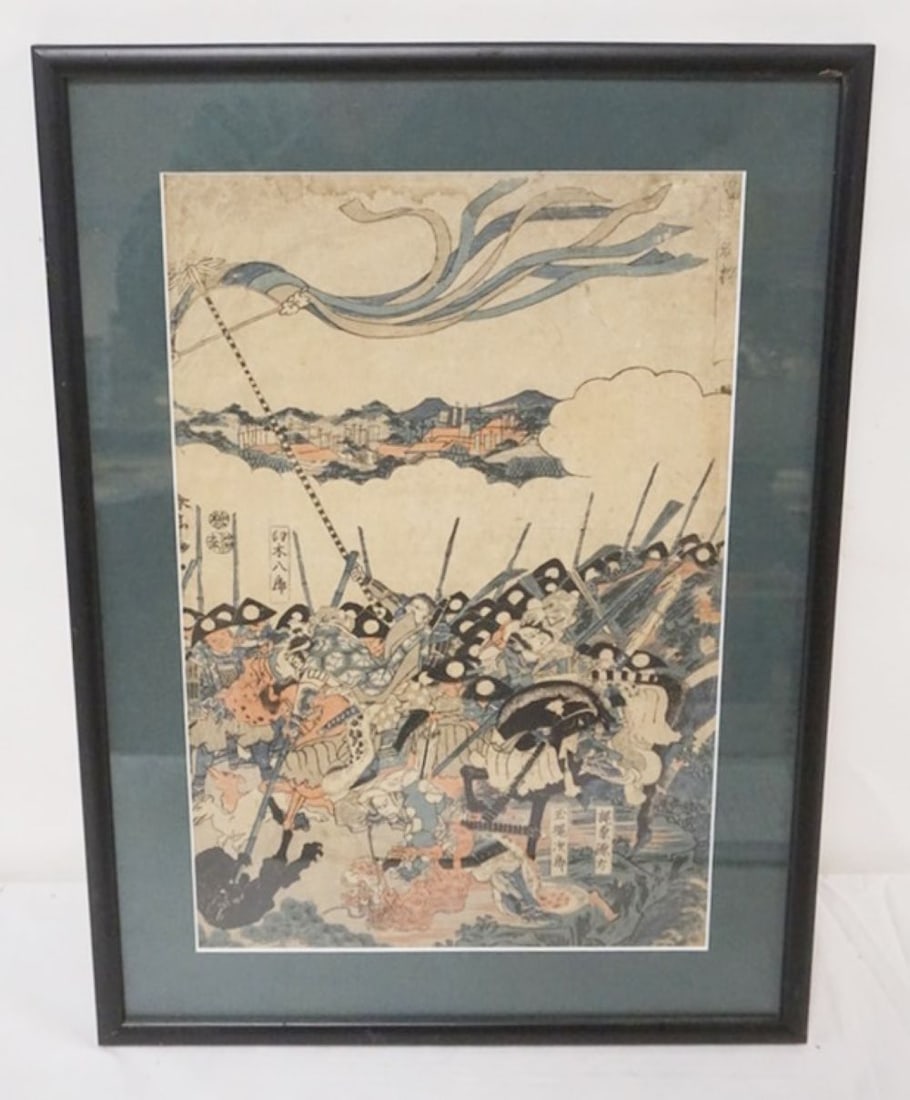 JAPANESE WOOD BLOCK: FRAMED AND MATTED JAPANESE WOOD BLOCK, APPROXIMATELY 14 IN X 19 IN OVERALL