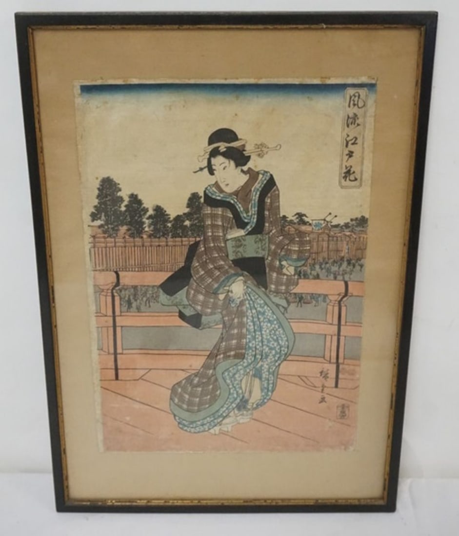 JAPANESE WOOD BLOCK: FRAMED JAPANESE WOOD BLOCK PRINT, APPROXIMATELY 14 IN X 20 IN OVERALL