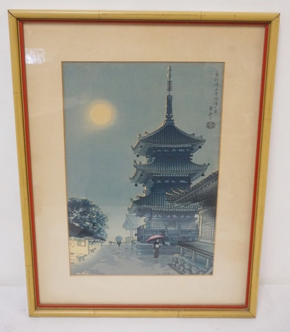 JAPANESE WOOD BLOCK: FRAMED JAPANESE WOOD BLOCK PRINT, APPROXIMATELY 15 IN X 20 IN OVERALL