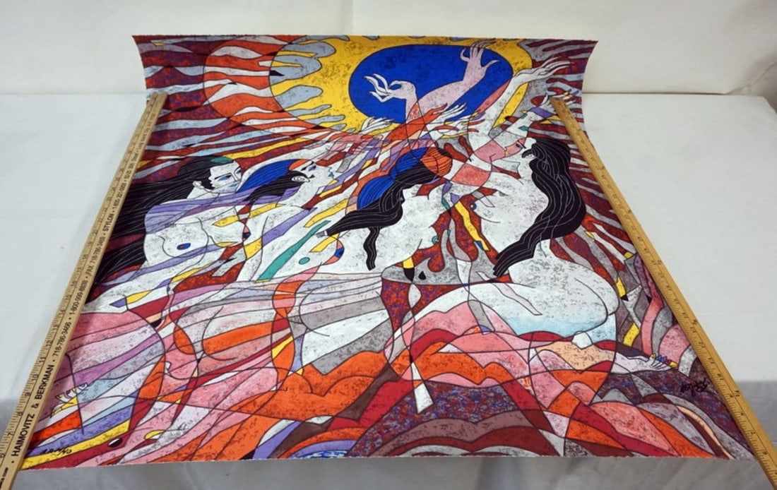 HE DE GUAN PRINT: HE DE GUAN *RHYTHM OF LIFE* SIGNED AND NUMBERED 14/40, APPROXIMATELY 36 IN X 36 IN