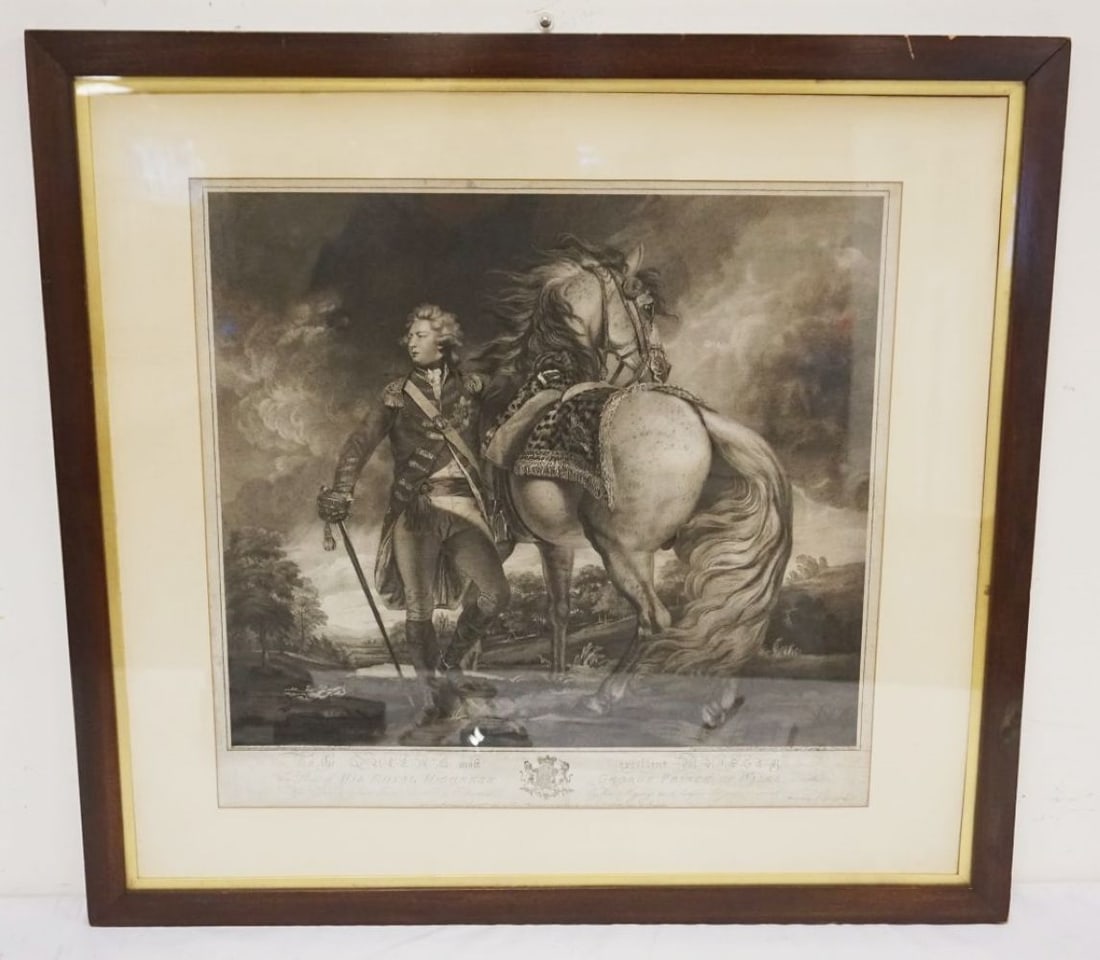 FRAMED ENGRAVING: FRAMED ENGRAVING *HIS ROYAL HIGHNESS GEORGE PRINCE OF WHALES* APPROXIMATELY 29 1/4 IN X 27 1/4 IN OVERALL