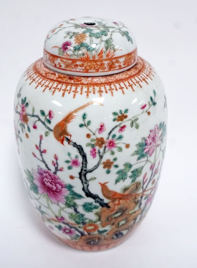 CHINESE GINGER JAR: CHINESE GINGER JAR WITH IMAGES OF FLOWERS AND BIRDS, DRILLED FOR A LAMP, APPROXIMATELY 10 1/2 IN