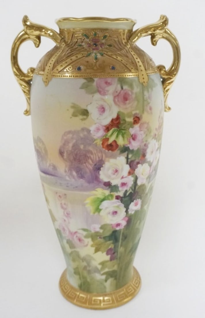 HAND PAINTED NIPPON VASE: HAND PAINTED NIPPON VASE, APPROXIMATELY 12 IN H