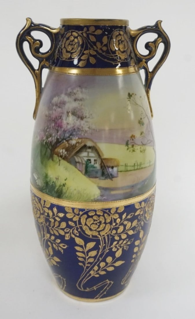 HAND PAINTED COBALT BLUE NIPPON VASE: HAND PAINTED COBALT BLUE NIPPON DOUBLE HANDLED VASE, APPROXIMATELY 12 IN H