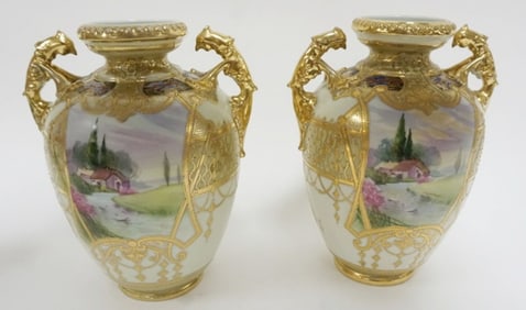 PAIR OF HAND PAINTED NIPPON VASES