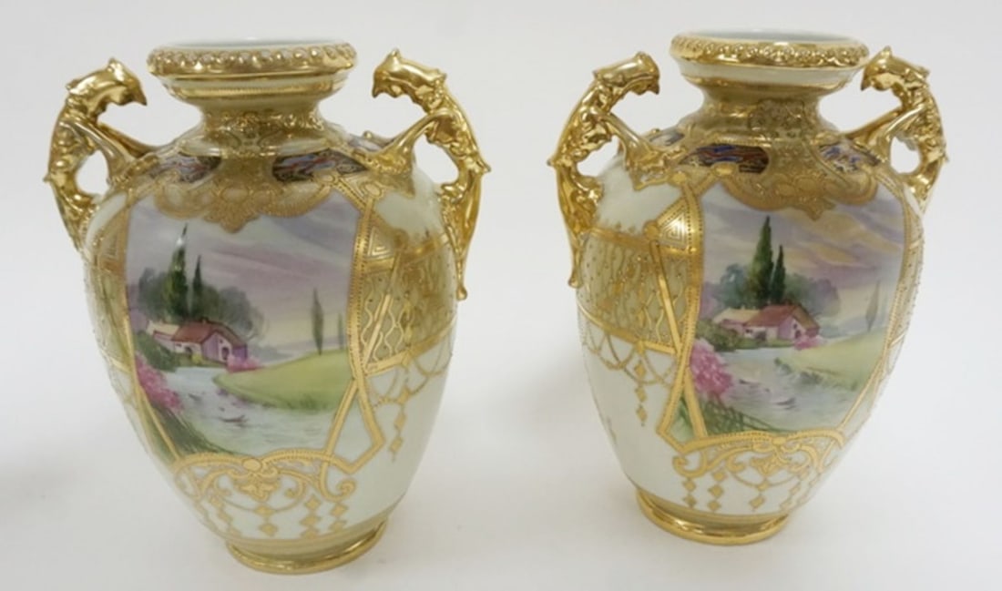 PAIR OF HAND PAINTED NIPPON VASES: PAIR OF HAND PAINTED NIPPON DOUBLE HANDLED VASES, EACH APPROXIMATELY 10 IN H