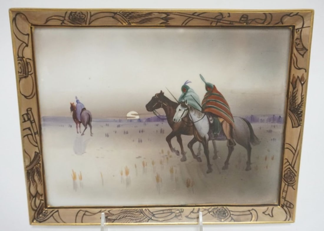 HAND PAINTED NIPPON RECTANGULAR PLAQUE: HAND PAINTED NIPPON RECTANGULAR PLAQUE WITH IMAGE OF AMERICAN INDIAN ON HORSE BACK, APPROXIMATELY 8 IN X 10 1/4 IN, PIERCED FOR HANGING