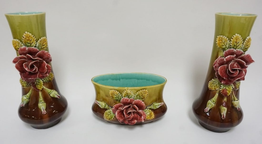 FRENCH MAJOLICA VASES AND PLANTER: FRENCH MAJOLICA VASES AND PLANTER, TALLEST PIECE APPROXIMATELY 12 1/2 IN H