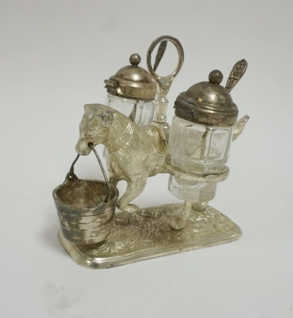 ANTIQUE FIGURAL DOG CRUET SET: ANTIQUE FIGURAL DOG CARRYING BASKET CRUET SET, APPROXIMATELY 6 IN X 3 IN X 6 IN H