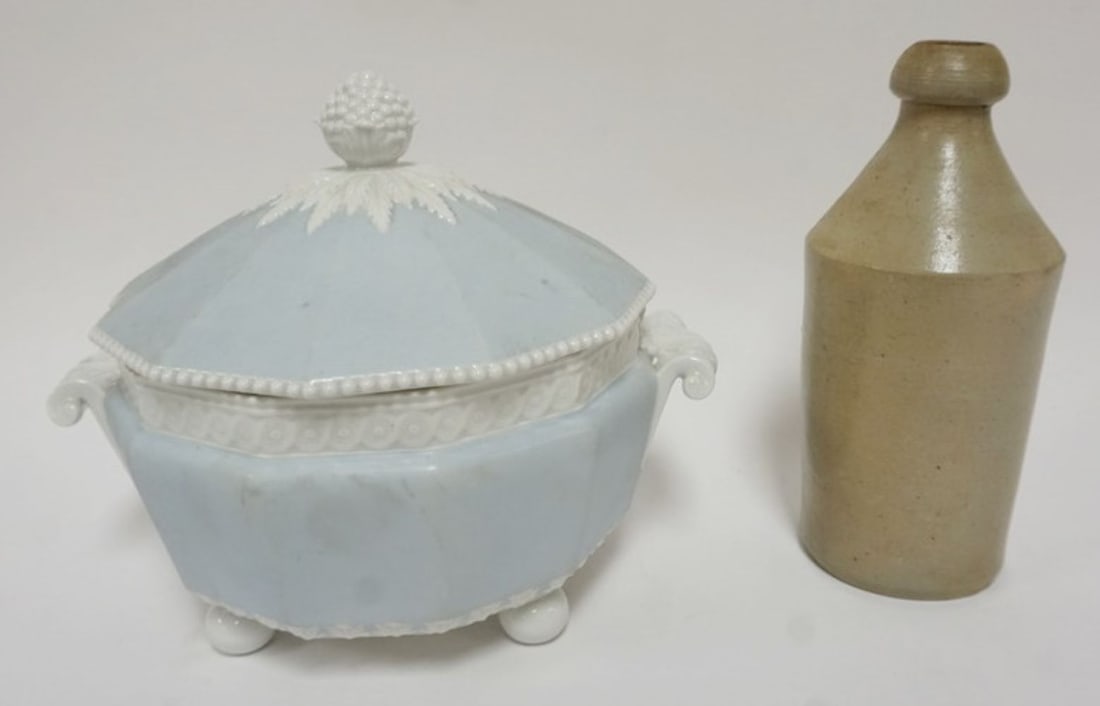 IRONSTONE TUREEN AND STONEWARE BOTTLE: IRONSTONE COVERED TUREEN AND STONEWARE BEER BOTTLE