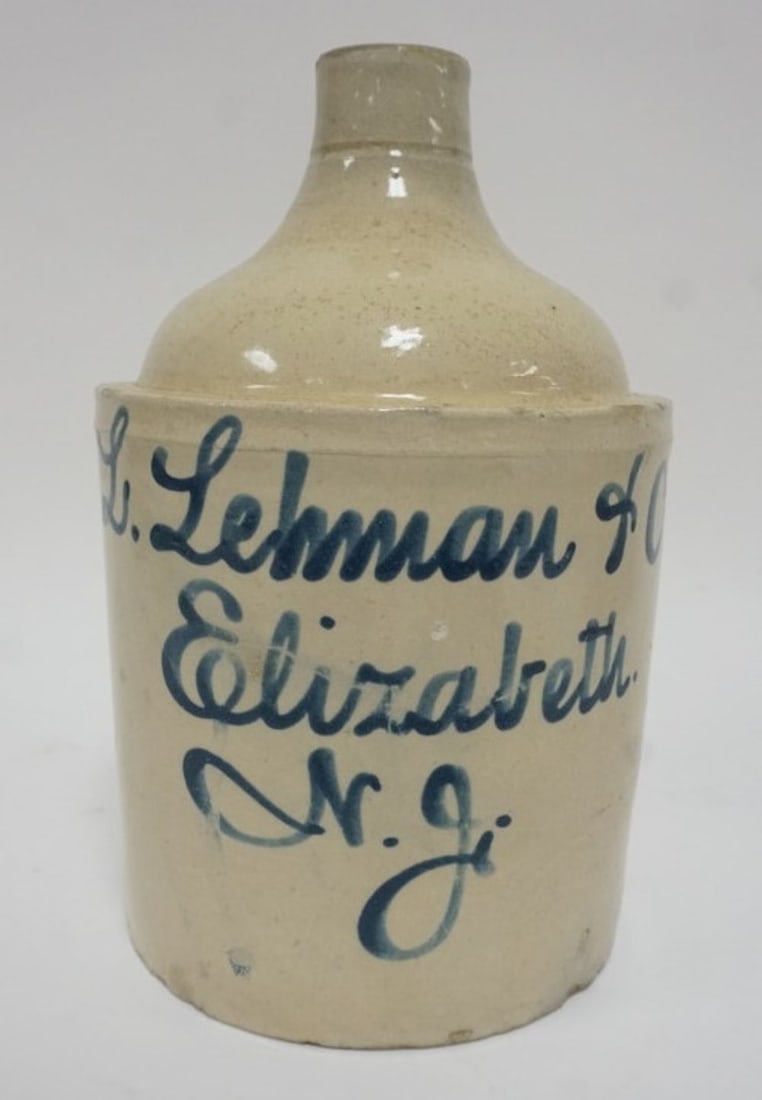 ANTIQUE L LEHMAN & CO SCRIPT JUG: ANTIQUE SCRIPT JUG, L. LEHMAN & CO. ELIZABETH NJ, APPROXIMATELY 12 IN H