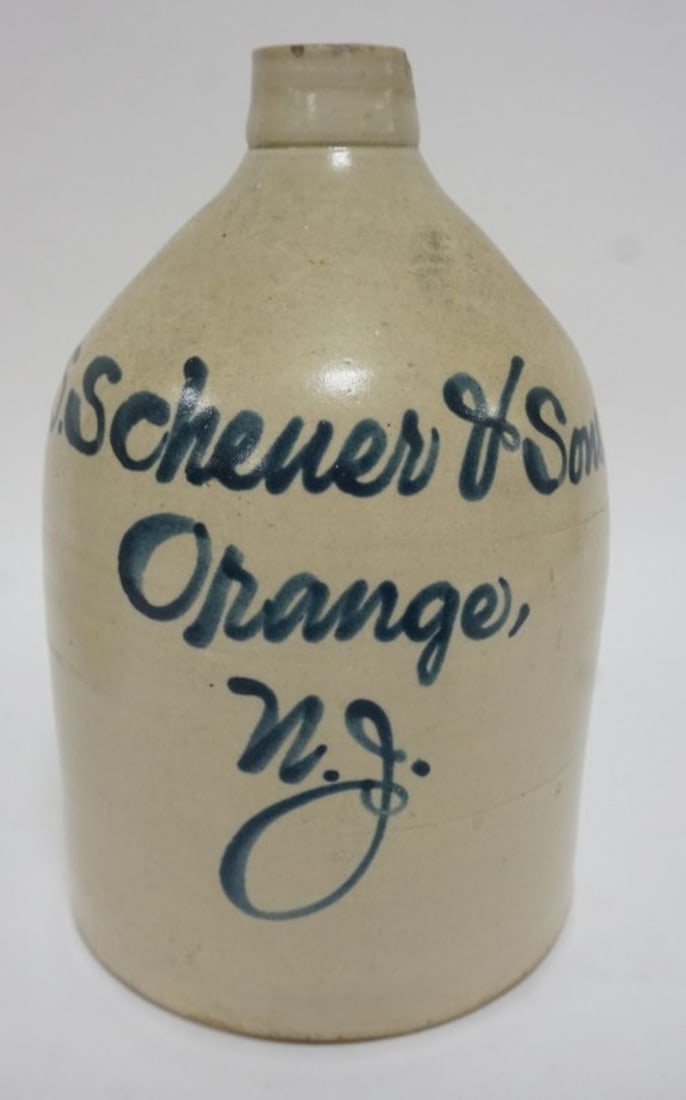 ANTIQUE S SCHEVER & SONS SCRIPT JUG: ANTIQUE SCRIPT JUG, S. SCHEVER & SON, ORANGE NJ, APPROXIMATELY 12 IN H