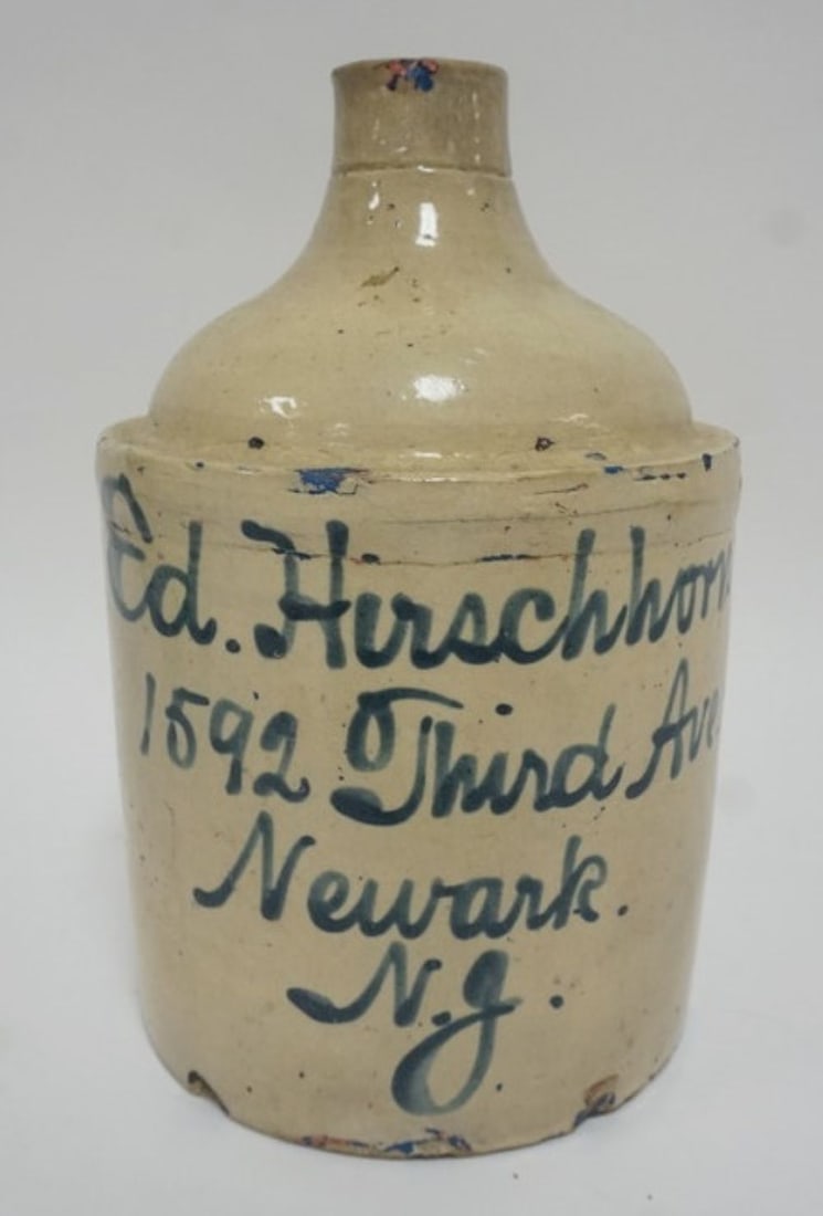 ANTIQUE ED HIRSCHORN SCRIPT JUG: ANTIQUE SCRIPT JUG, ED HIRSCHORN, NEWARK NJ, APPROXIMATELY 12 IN H
