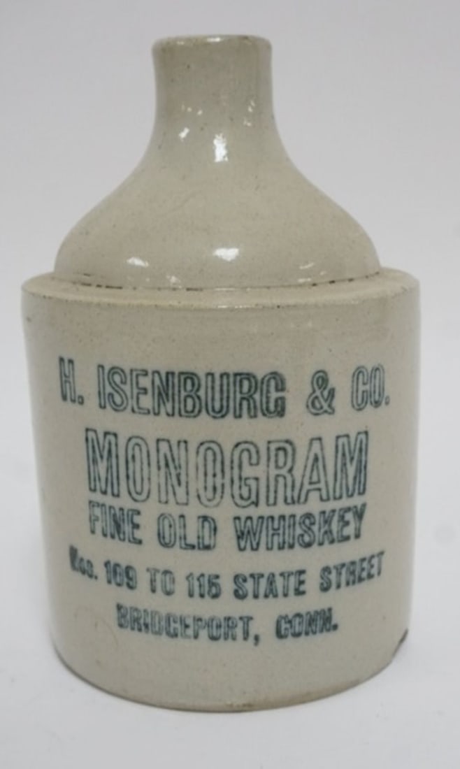 ANTIQUE STAMPED WHISKEY JUG: ANTIQUE STAMPED WHISKEY JUG, BRIDGEPORT CT., APPROXIMATELY 7 1/2 IN H