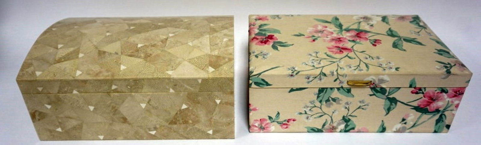 JEWELRY BOXES: 2 JEWELRY BOXES, 1 WITH FAUX MARBLE FINISH AND ONE WITH MATERIAL COVER