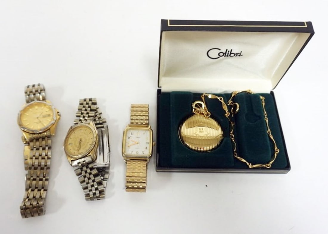 MENS WATCH ASSORTMENT: ASSORTED MENS WATCHES INCLUDING SEIKO, SYRACUSE UNIVERSITY MISSING BACK, TIMEX AND COLIBRI POCKET WATCH NEW IN BOX